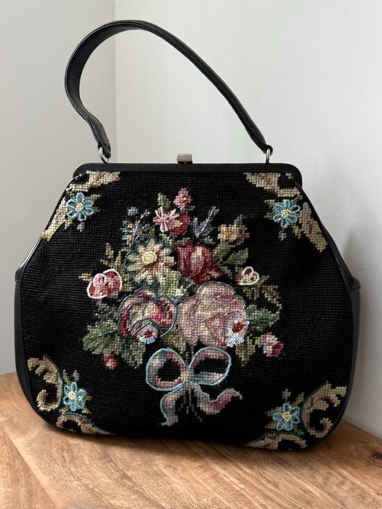 Fiona C. Handbags - Vintage FIONA C New York Floral Needlepoint Handbag Black Frame Top Handle